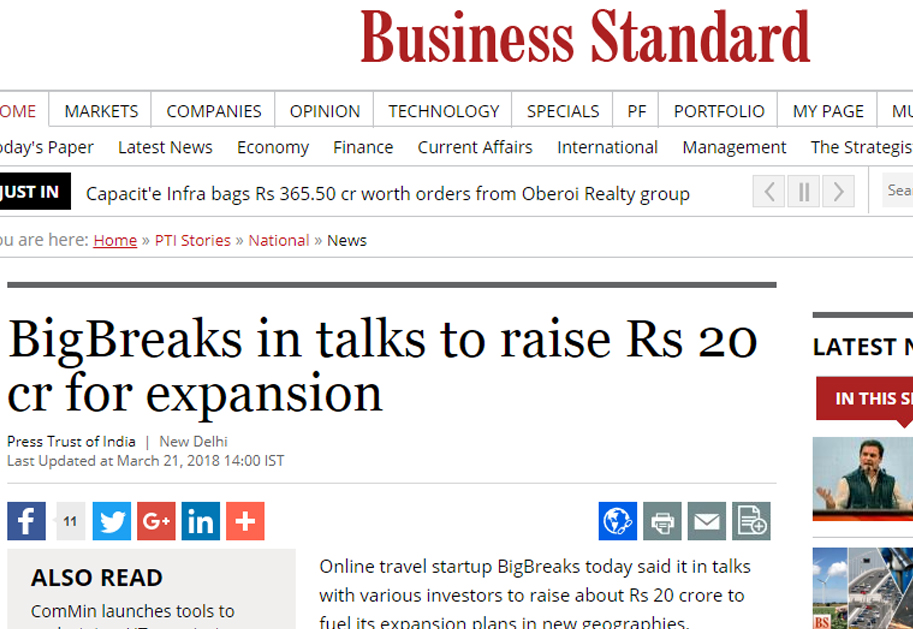 Big Breaks Coverage in Economic Times