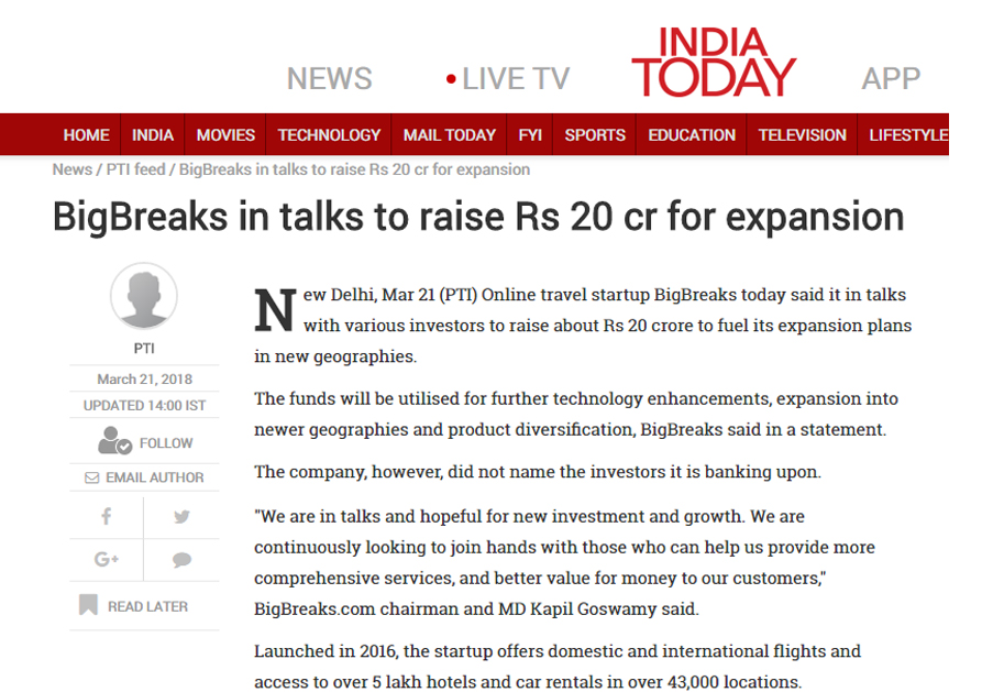 Big Breaks Coverage in Economic Times