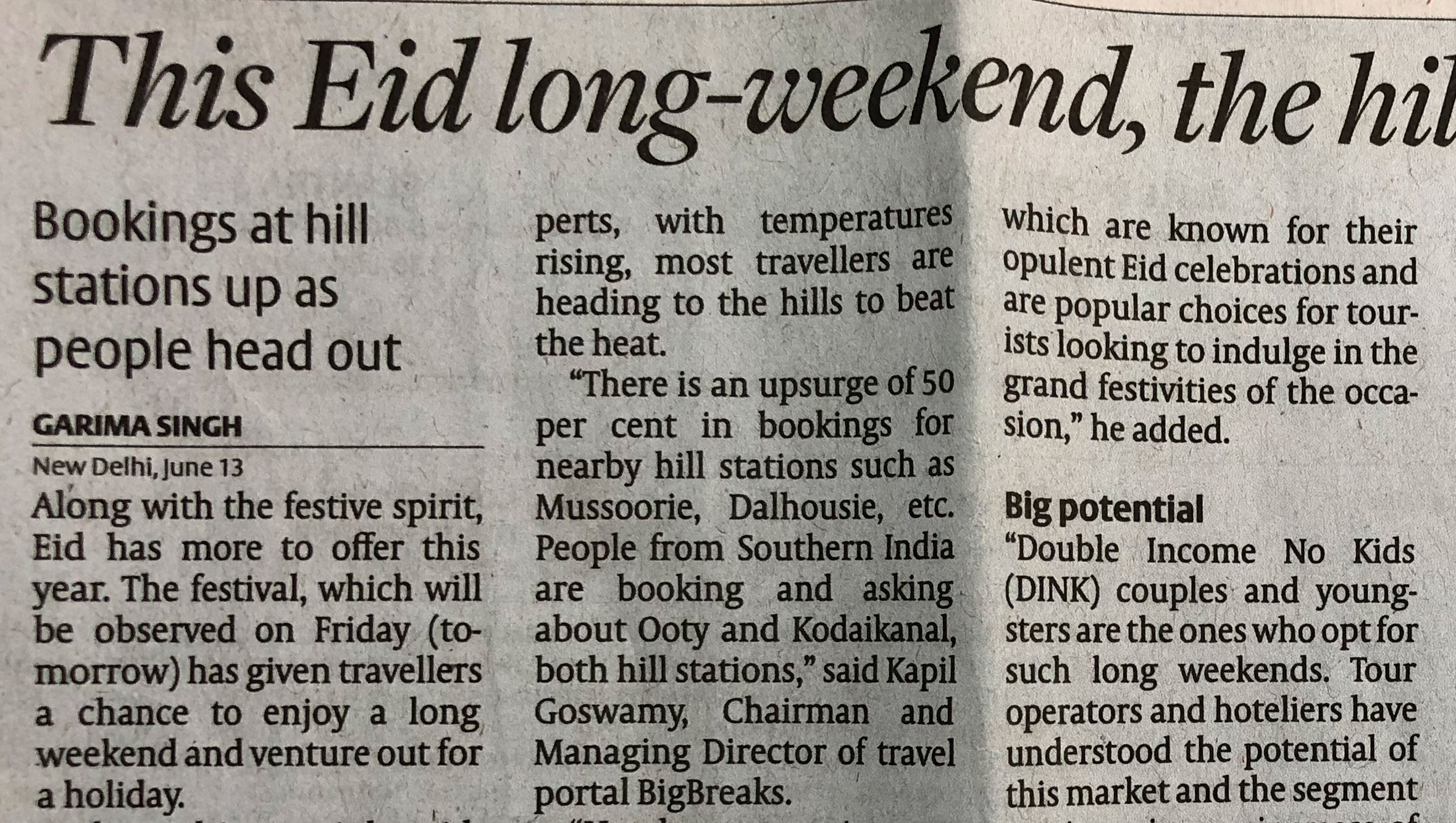 Big Breaks print coverage in Business Line